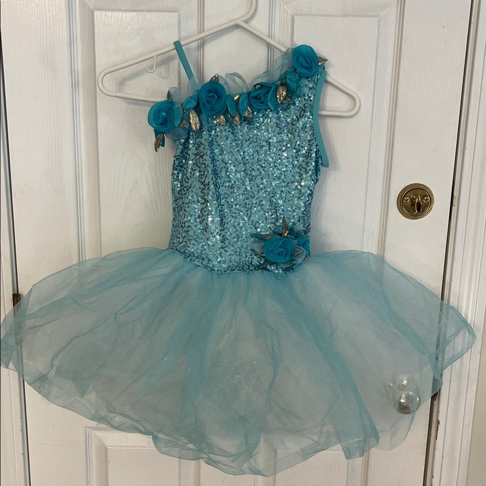 Weissman Blue Sequin Tulle dance costume with Floral Accents